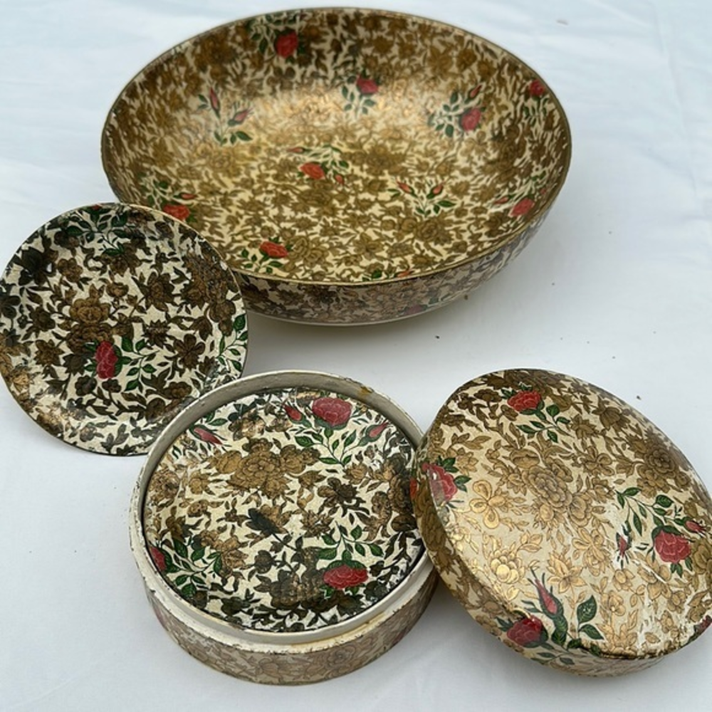 Vintage Paper Mache Japanese Large Floral Bowl‎ and Coaster Set(8)